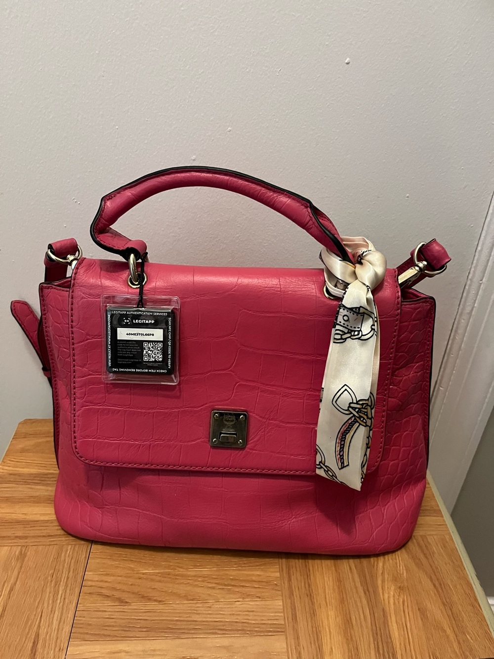 Croc-Embossed Structured Top-Handle Satchel in Pink with Scarf comes with COA